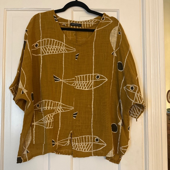 Mustard linen printed top - Picture 1 of 4